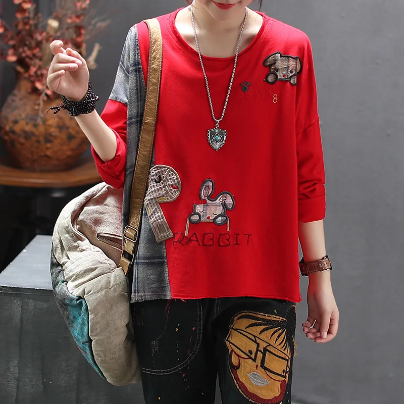 Осенняя футболка Женская Ретро свободные пуловеры 2019 новые женские топы с