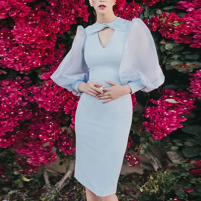 

Women Long Puff Sleeve Autumn Elegant Midi Bandage Dress 2021 New Sexy V Neck Mesh Bodycon Celebrity Evening Club Party Dresses