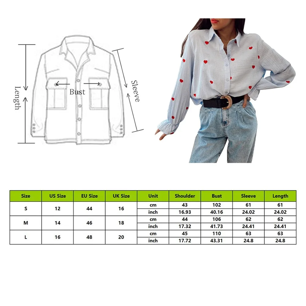 

Women Turn-down Collar Long Sleeve Casual Blouse Red Heart Embroidery Elegant Shirt 2021