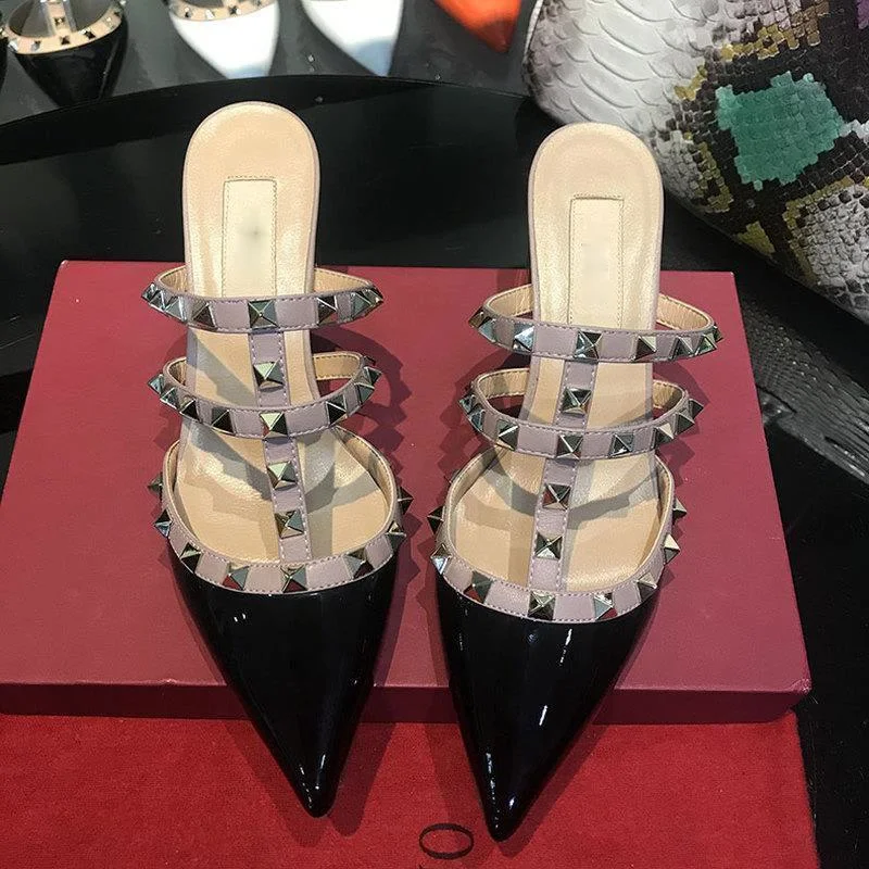 

Pointed Rivet Women's Shallow Slippers Casual Slip on Low Heel Mules Loafer Flat Slides Sandals Genuine Leather Beach Shoes