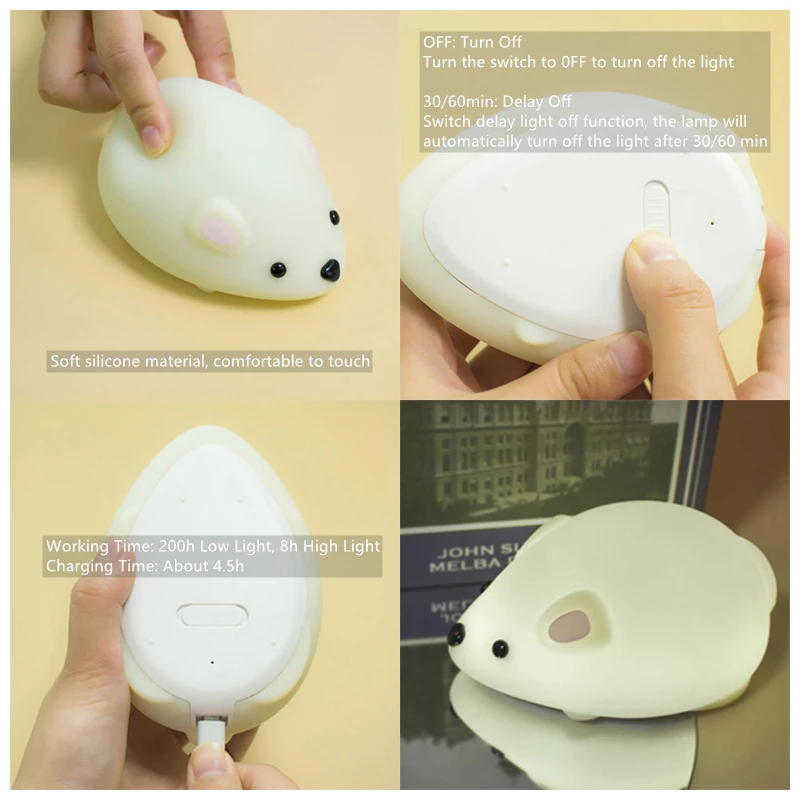 

USB Rechargeable Night Light Mouse Silicone Night Lights Touch Sensor Bedroom Bedside Lamp For Kids Baby Gift Household Supplies