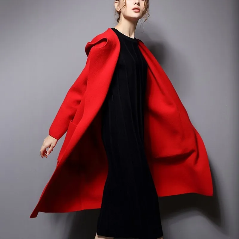 Высокое качество шерстяное вязаное элегантное женское длинное пальто мягкий