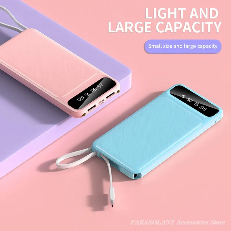Портативное зарядное устройство 10000 мАч с кабелем два порта USB Внешнее для