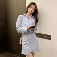 blue shirt dress womens early autumn 2021 new french design sense of small temperament narrow waist thin skirt