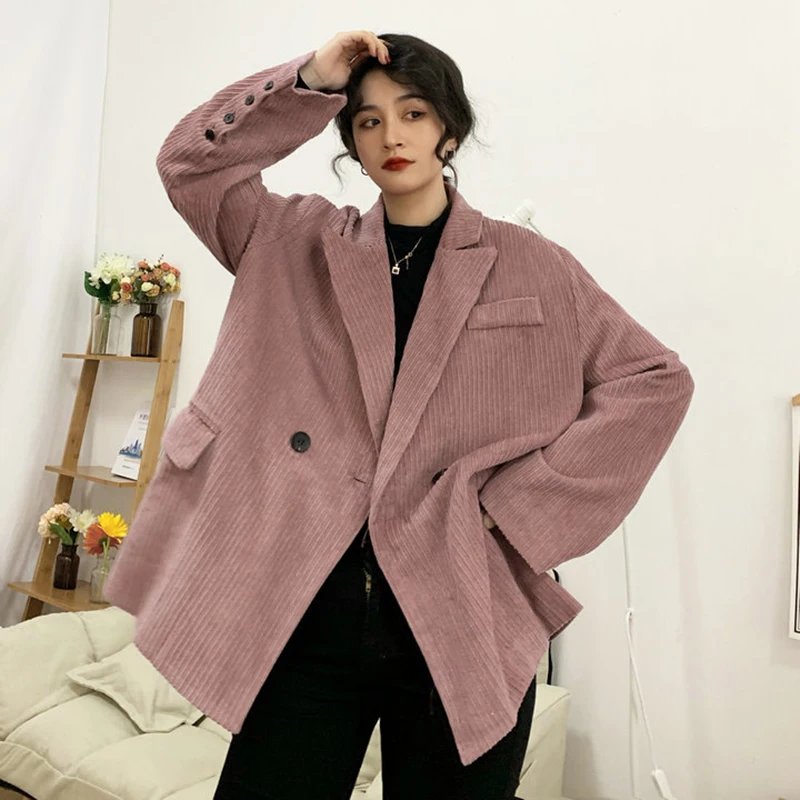 

Шикарные свободные вельветовые блейзеры, женские осенне-зимние корейские блейзеры средней длины на одной пуговице, черные и розовые блейзе...