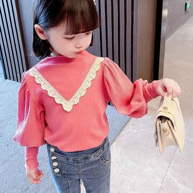 

Children Clothing From 2 To 7 Years Girls Puff Long Sleeve Knitted T Shirts Winter Fashion Lace Kawaii Casual Oversized Pullover