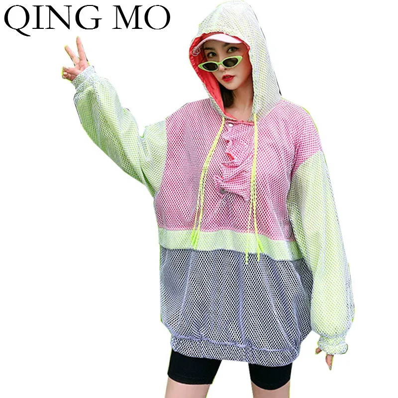 Женский свитшот с капюшоном QING MO сетчатый клетчатый в стиле пэчворк цветной