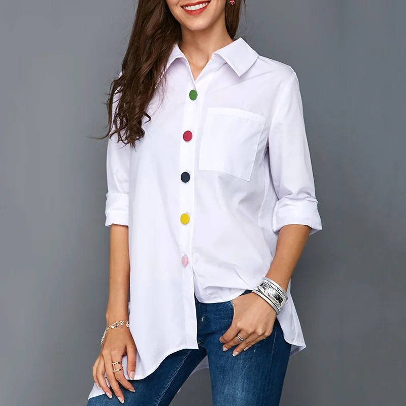 

Autumn Irregular Hem Women's Long Shirts White Colorful Buttons Long Sleeve Female Shirt 2021 Spring FashionOffice Ladies Tops