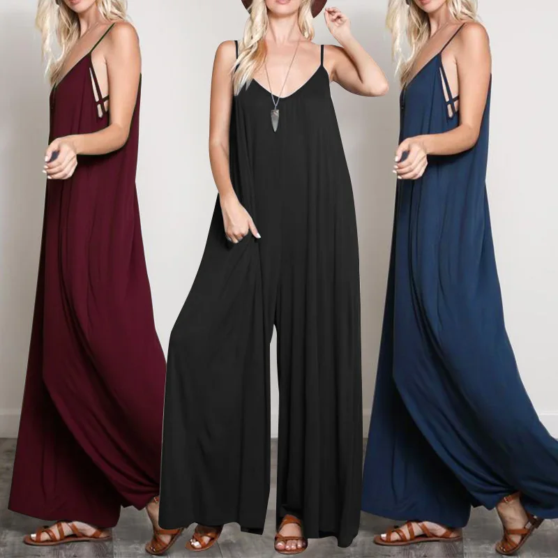 

Fall 2021 Summer New Fashion Sexy V-neck Sling Halter Loose Linen Women's Jumpsuit Wide Leg Pants