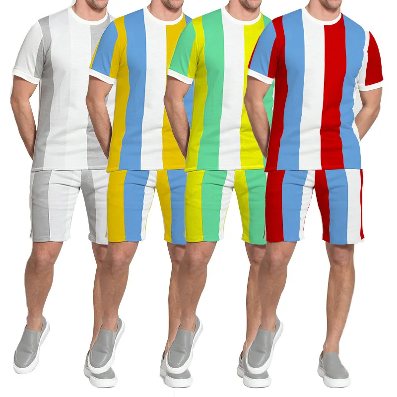 

The new 2021 sports fashion suits men with short sleeves color matching outdoor leisure short-sleeved summer two-piece outfit