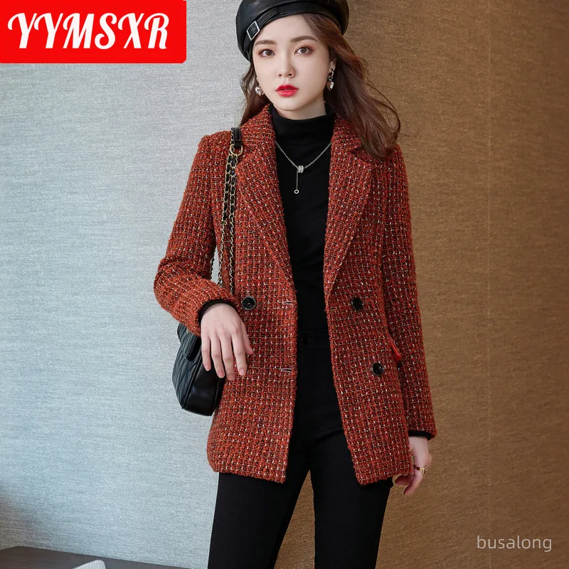 90 Kg  Women's 2022 Autumn and Winter Fashion Woolen Plaid Long-sleeved Elegant Ladies Jacket Casual Office Suit