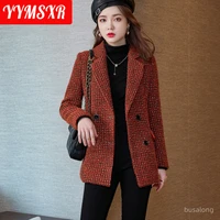 90 kg womens 2022 autumn and winter fashion woolen plaid long sleeved elegant ladies jacket casual office suit