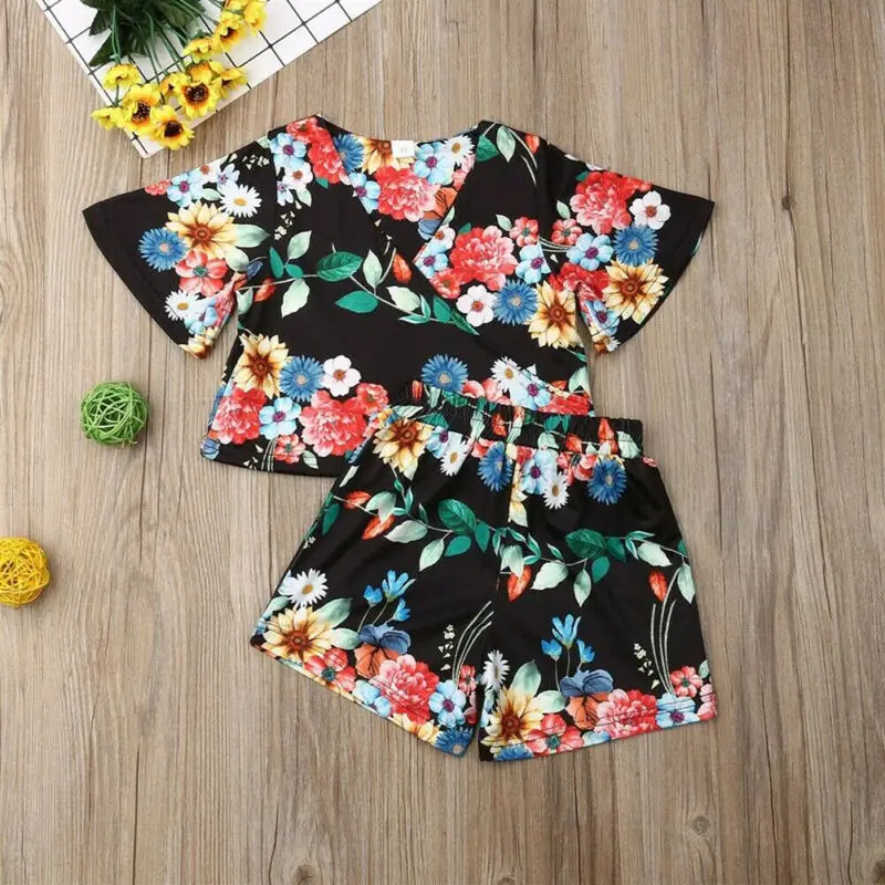 

Toddler Kids Casual Outfits Clothes Baby Girls Floral T-shirt Tops + Short Pants
