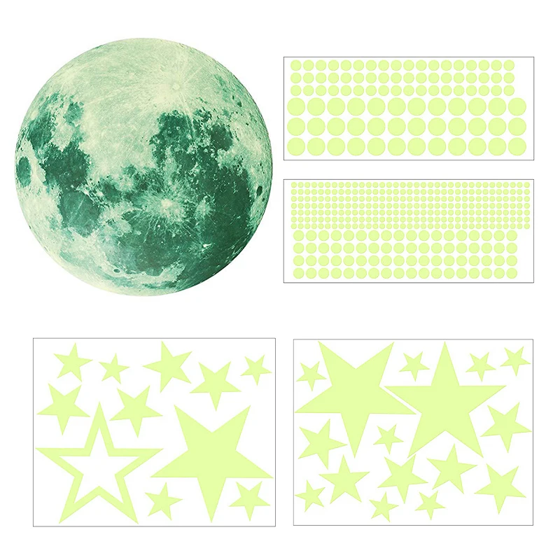 

435PCS 3D Luminous Wall Stickers Moon Stars Dots Green Fluorescent Wall Stickers For Living Home Kid Room Wall Decoration