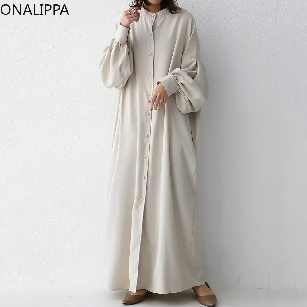 

Женское платье ONALIPPA в японском стиле, модное свободное однобортное длинное платье с круглым вырезом и рукавами-фонариками, новинка 2021