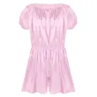 Мужское нижнее белье Sissy боди короткий рукав эластичный вырез и приталенный мягкий Блестящий оборками атласная Брюки одежда для сна Girly пижамы