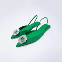 flats sandals women summer 2021 pointed flats slippers with diamond fairy temperament green silk elegant sandalias mujer shoes