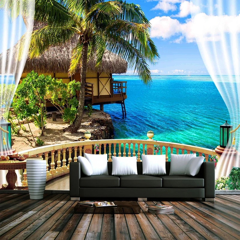 Фотообои на заказ Водонепроницаемая шелковая ткань 3D пляж балкон морской пейзаж
