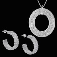 factory direct hot 925 sterling silver fine mesh pendant necklace earrings stud for woman fashion party wedding gift jewelry set