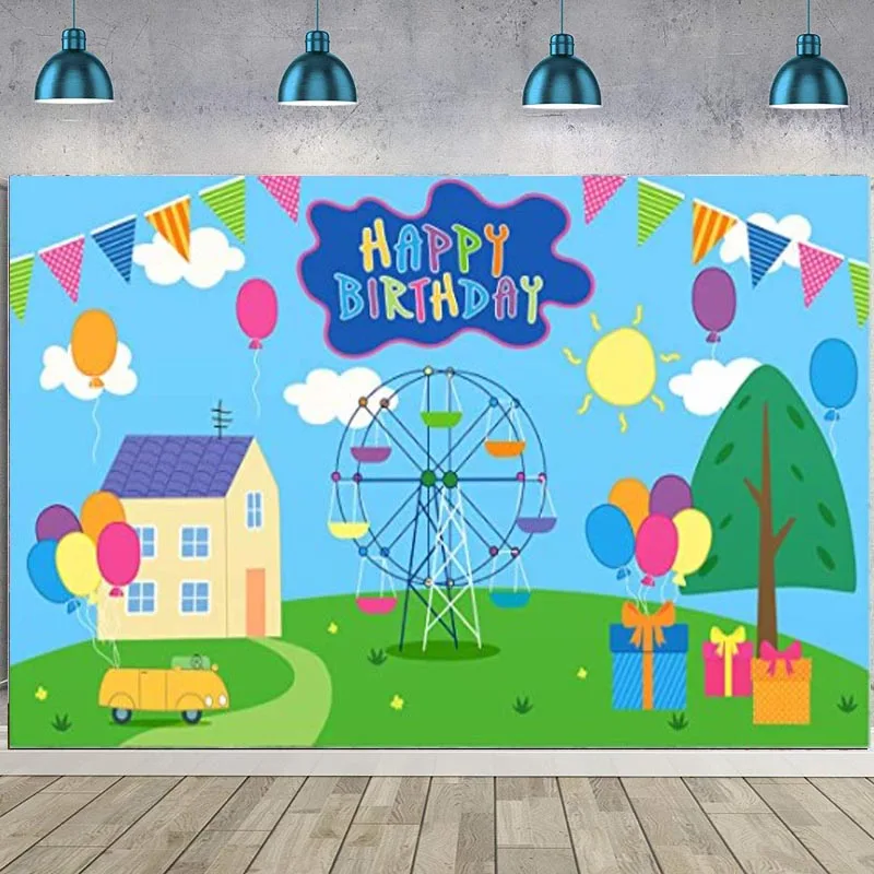 

Cartoon Pig Backdrop House Ferris Wheel White Clouds Tree Balloons Baby Shower Birthday Party Custom Photo Background Banner
