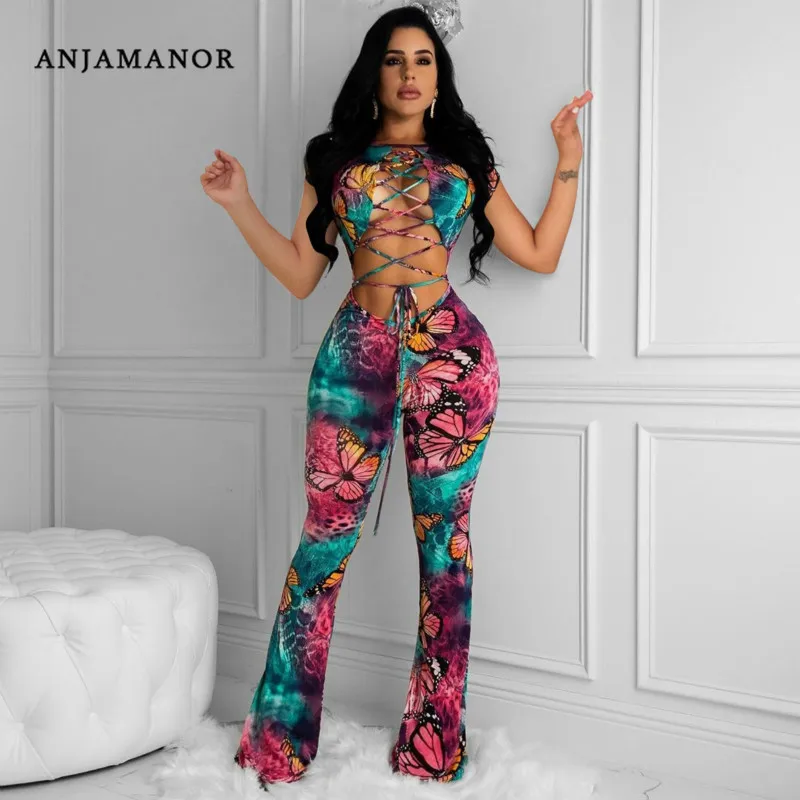 Женский комбинезон с бабочками anjahome сексуальный слитный на завязках Облегающий
