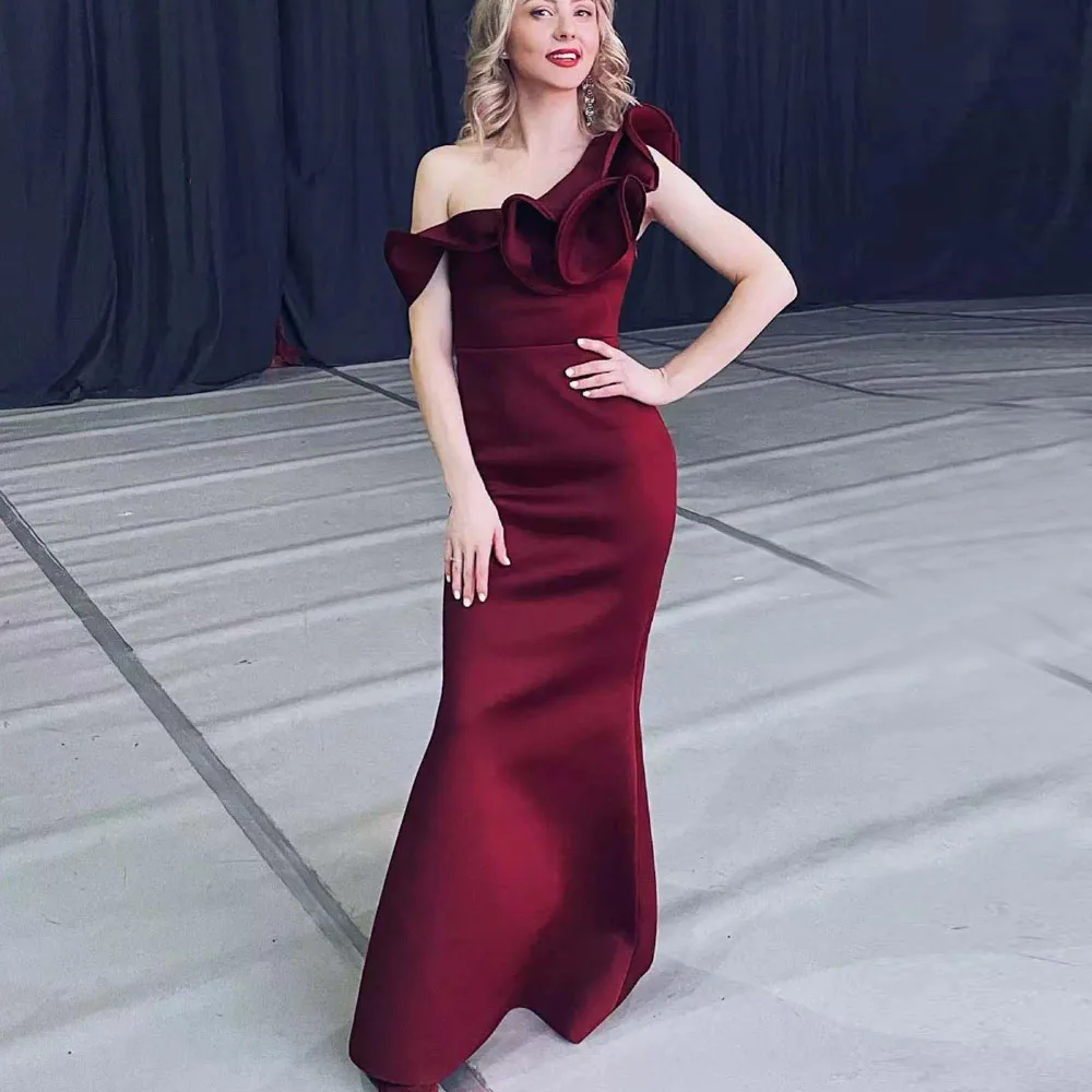 

Yeinchy Women One Shoulder Ruffles Floor Evening Party Dress Solid Color Celebrity Maxi Sexy Slash Neck Women Prom Dresses