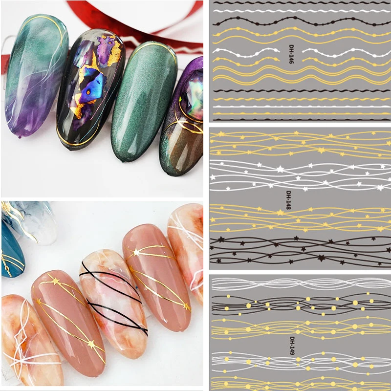 Изогнутые 3D наклейки для ногтей с полосками самоклеящиеся переводные золотого и