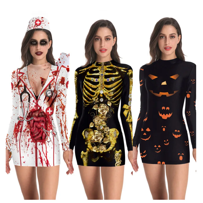 Bloody Role-play Dress For Women Halloween Scary Horror Cosplay Costumes Polyester Sexy Mini Gothic American Medieval Clothing