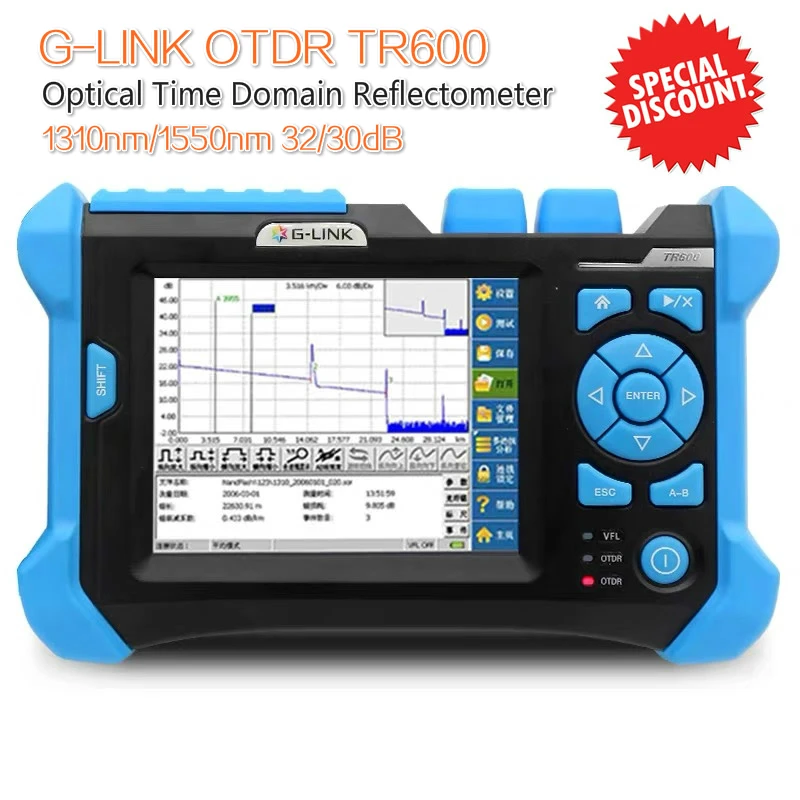 

G-LINK OTDR TR600 SingleMode SM Optical Time Domain Reflectometer 1310/1550nm 32/30dB VFL with FC,SC,LC UPC Connectors