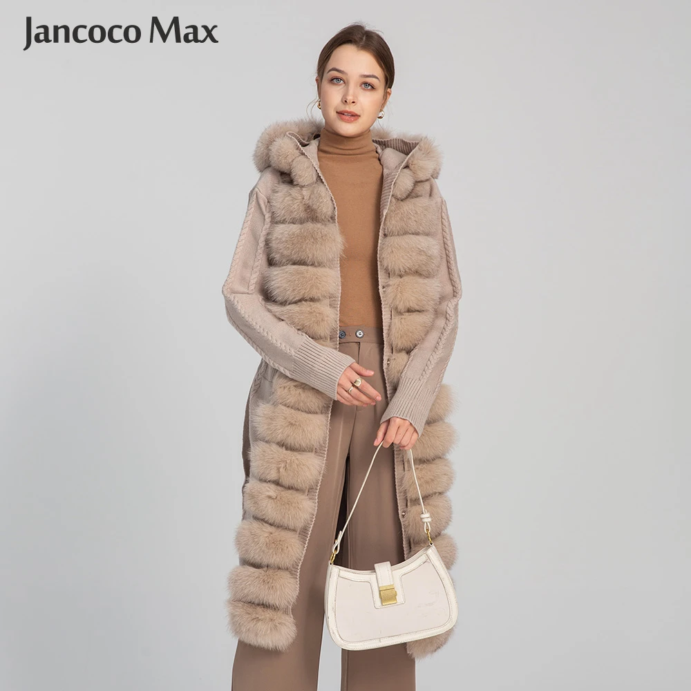 

Real Fur Sweater Winter Fashion Knitted Coat Long Cardigan Fox Fur Trim Hooded For Women S3610