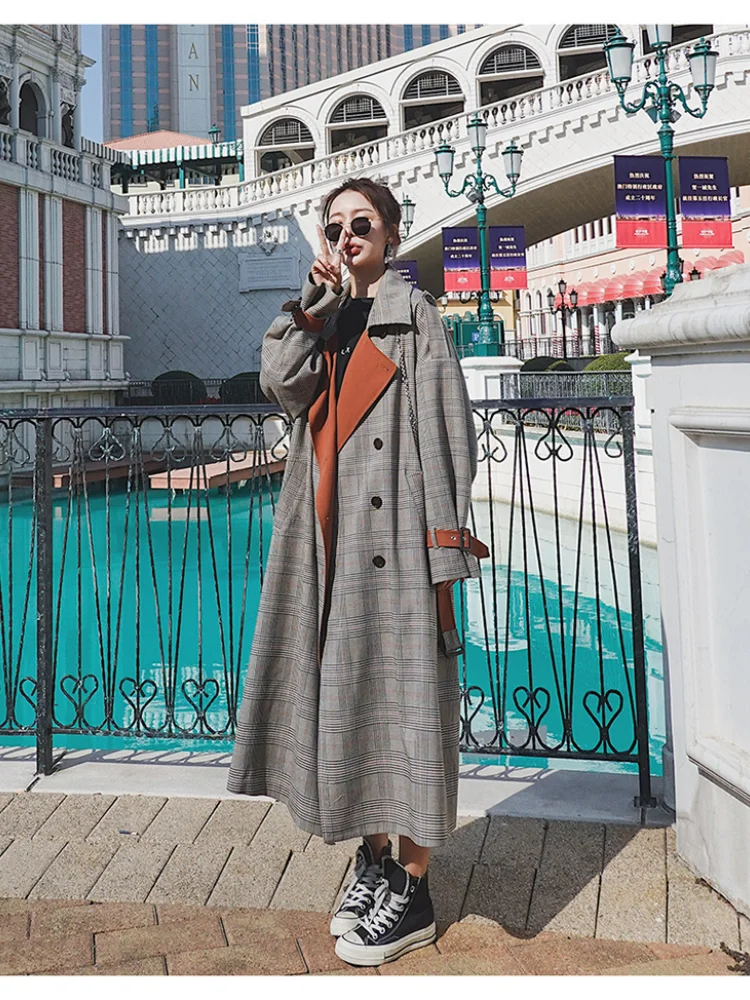 

Women's Overcoat Long Plaid Trench Coat Coat Women's Tight Waist Spring and Autumn New Korean Style Double Breasted Lapel Loose