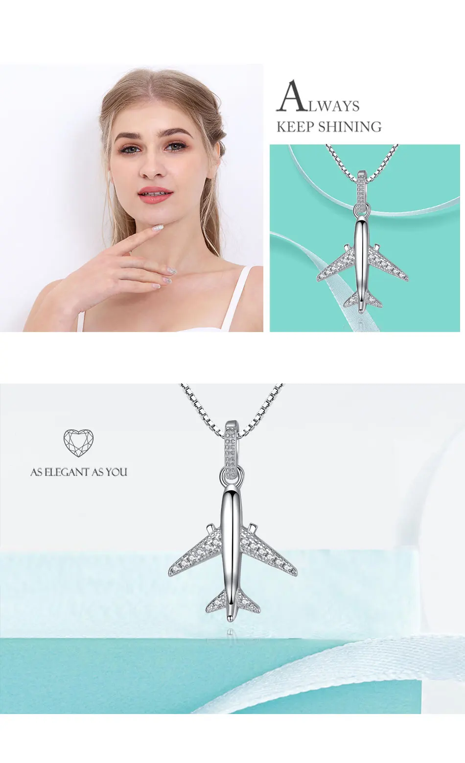 Wholesale 5PCS Crystal Aircraft Airplane Necklace 925 Sterling Pendant Necklace Birthday Party Jewelry Gift