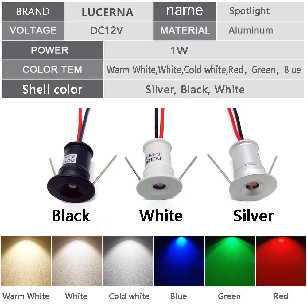 1w dc12v downlight recessed ceiling spotlight ip65 kitchen cabinet stair light dimmable led spot light white black silver shell free global shipping