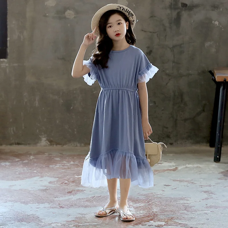 

Summer Teenager Girls Cotton Mesh Patchwork Dress Korean Style Kids Girls Elegant Casual Dress Children Long Style Dress, #8808