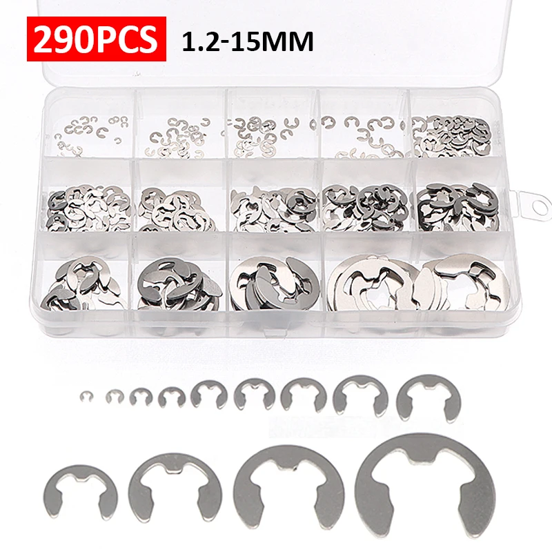 

290pcs/set 304 Stainless Steel E Clip Retaining Ring Washer Kit E Clip Washer Assortment Kit for Pulley Shaft