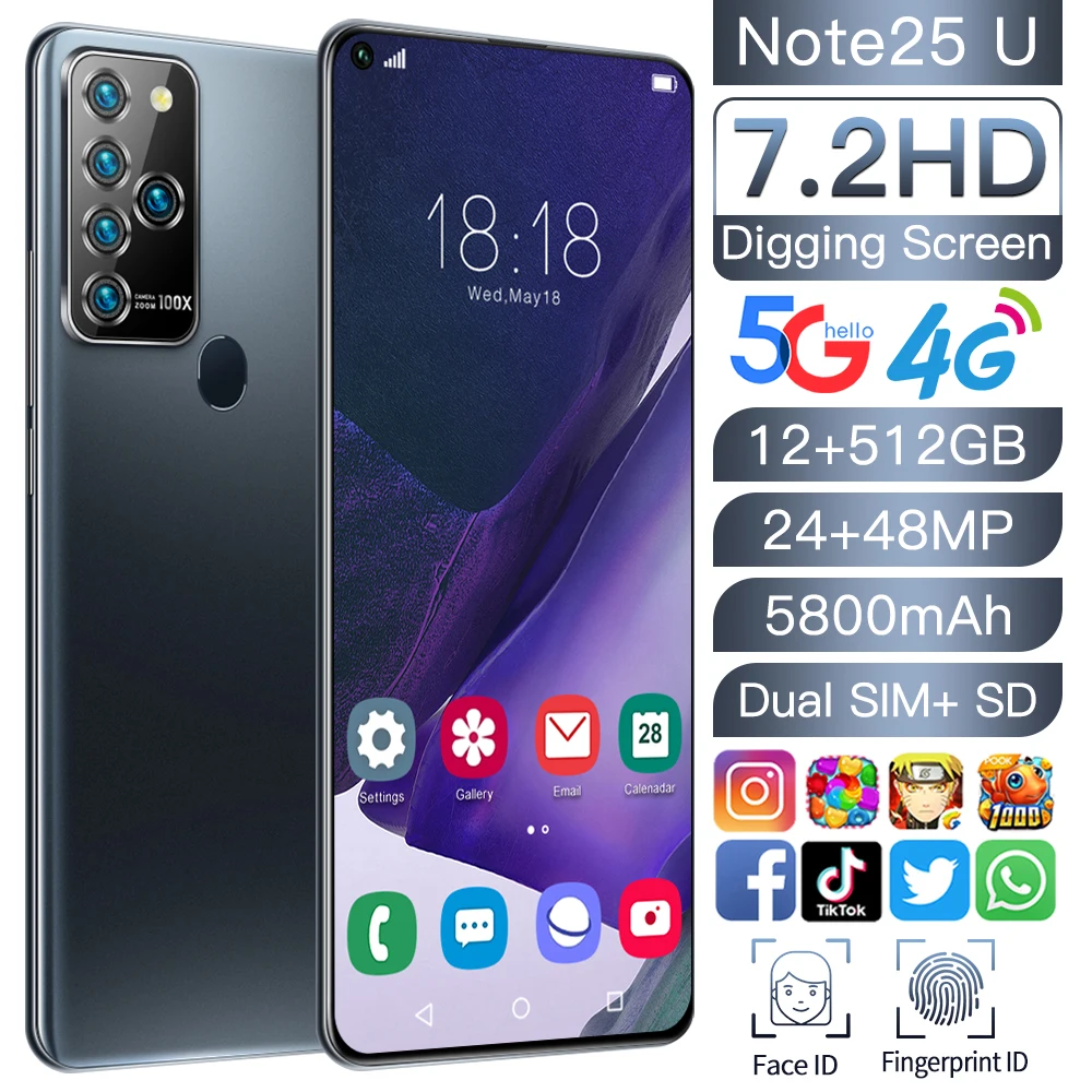 

Note25U 7.2 Inch 24+48MP MTK6889 Deca Core Smartphone Global 5G LTE Bands Face Unlock 5800mAh 12+512GB Andriod 10 Cell Phone