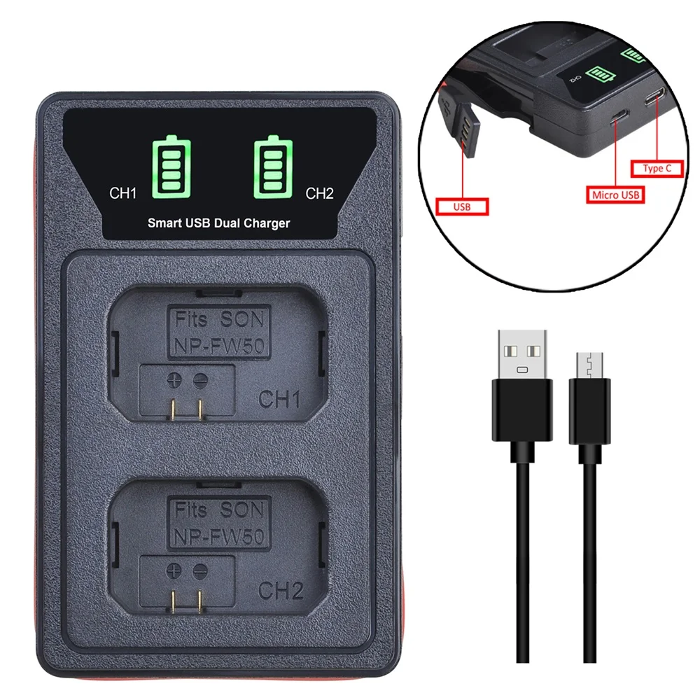 Аккумуляторная батарея 4x2160 мАч NP-FW50 NP FW50 + двойное зарядное устройство USB со