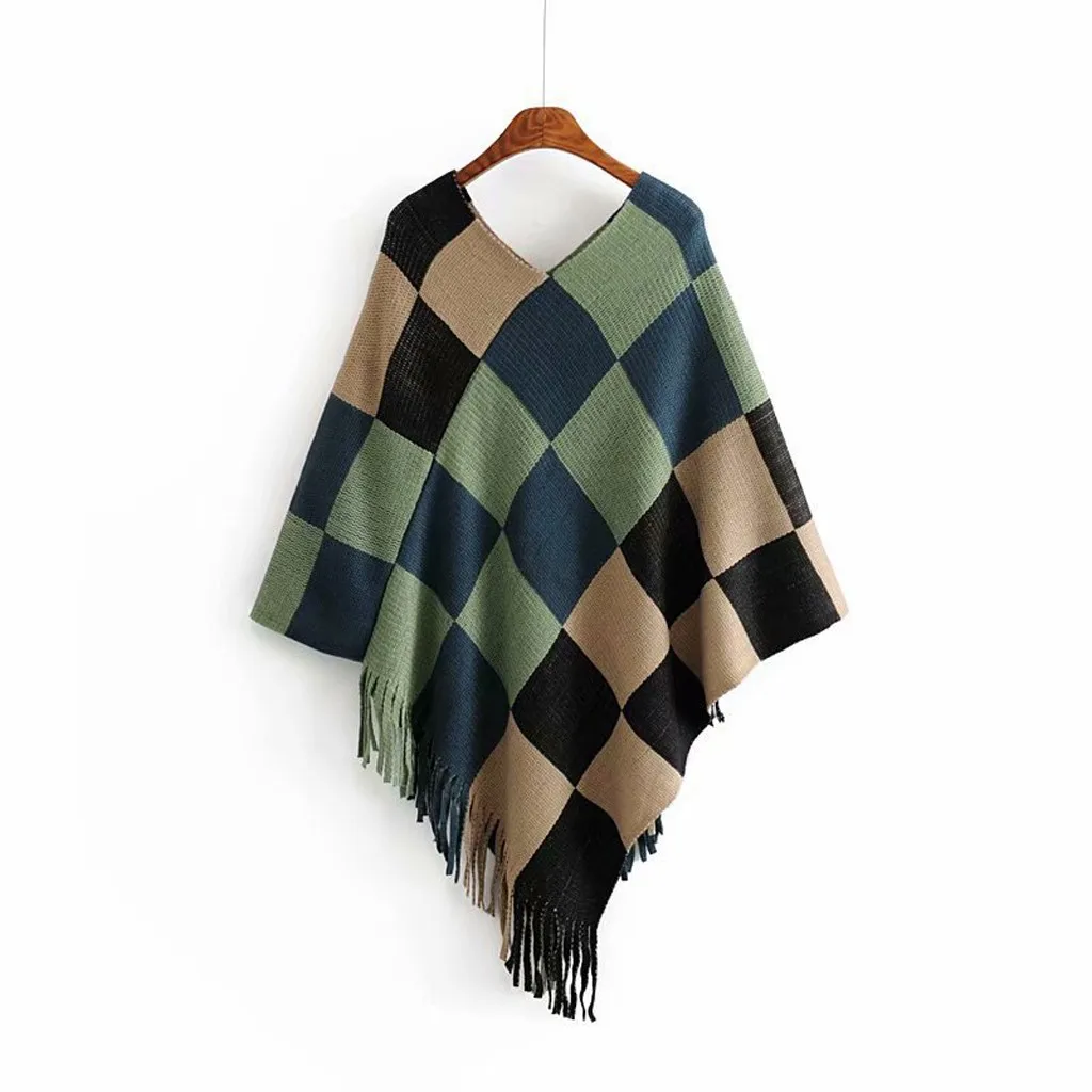 

2020 Women Winter Fashion Stitching Print Tassel Batwing Shawl Women Autumn And Winter Fashion Solid Colo Sweater TopWomen