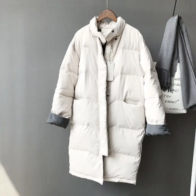 Collar Long Warm Parker Coat Color Matching Pocket Long Sleeve Casual Joker Women's Coat Winter New Fashion Clothing
