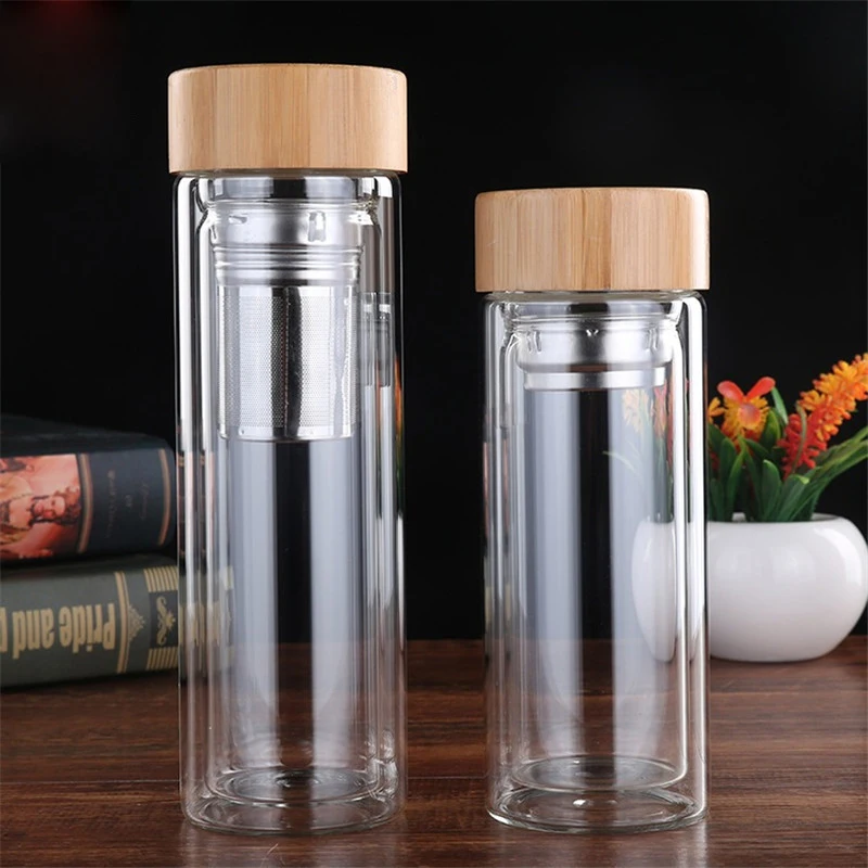 

2021 new style double-layer bamboo-wood cover European-style mug, creative water glass glass heat-resistant practical filter cof