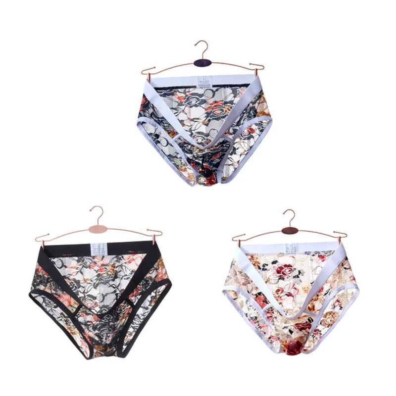 

Men Sexy Underwear Lace Low Rise Briefs Thong T-Back G-String Breathable Lingerie Underpants Semi See Through Panties