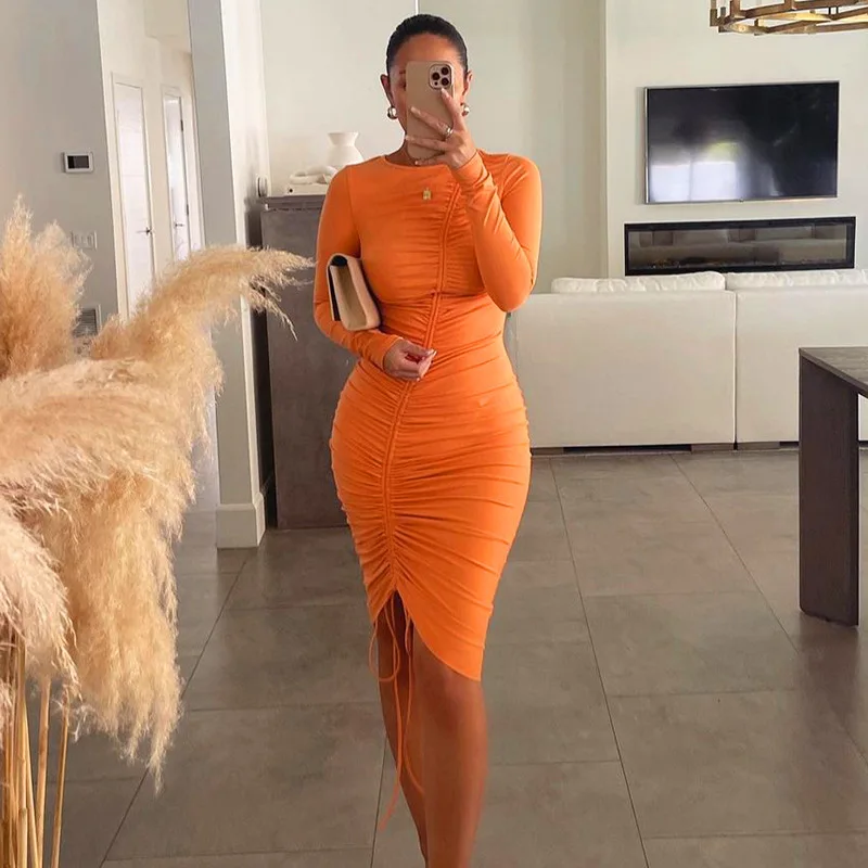 

2021 Women's Autumn New Pure Color Casual Round Neck Pullover Oblique Drawstring Long-sleeved Dress Fashion Slim Tight Dresses