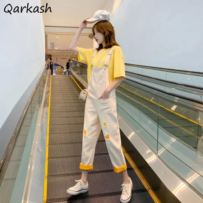 

Комбинезон женский с потертостями, Свободный Прямой повседневный уличный комбинезон до щиколотки, модная универсальная одежда из денима с ...