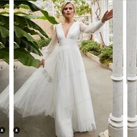 long sleeve wedding dress backless a line 2021 deep v neck floor length tulle white robe vintage civil elegant simple princess