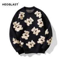 womens knitted sweater oversized cute bear patch pullover vintage flocked cartoon sweatshirt korean female tops clothes 2021