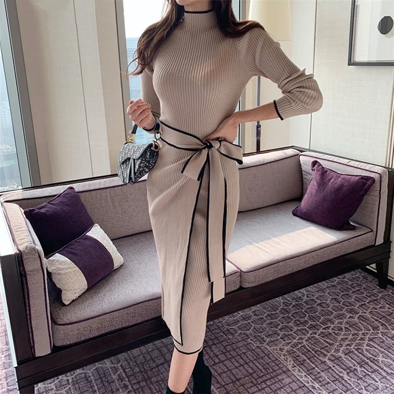 

Новинка 2021, женские осенне-зимние платья, элегантные женские винтажные вязаные Длинные платья со шнуровкой и высоким воротником