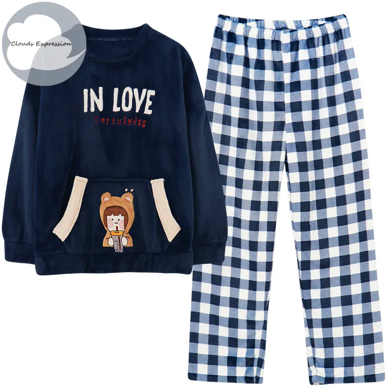 

Winter Thicken Flannel Elegant Women Sleepwear Pajamas Lady Pajama Set Pullover Coral Fleece Pijamas Mujer Plaid Fashion Sets