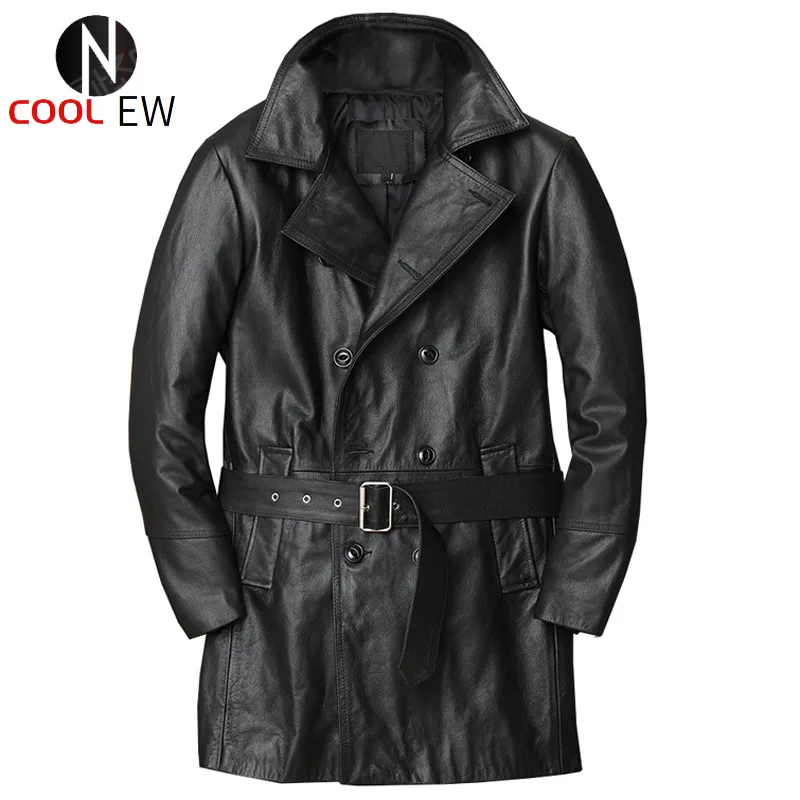 

Мужской двубортный Тренч из натуральной кожи, зеленое пальто из воловьей кожи, размеры до 5XL, в европейском стиле, зимний сезон