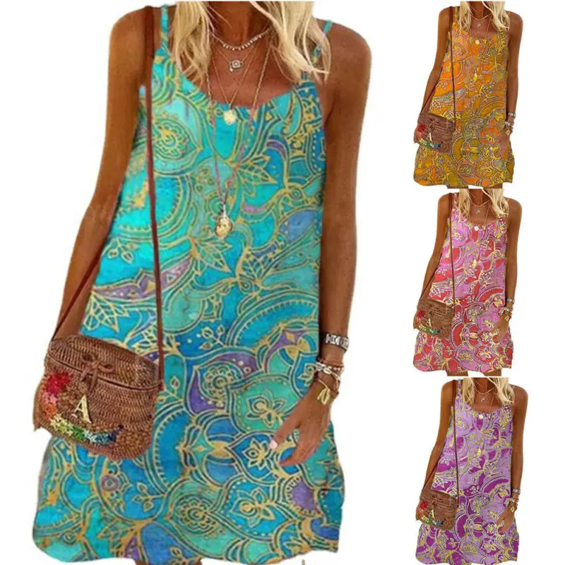 

Cofekate Womens Dresses Floral Straps Dress Straps Female Clothing S-5XL Sleeveless Holiday Casual Dresses Summer Dress 2021