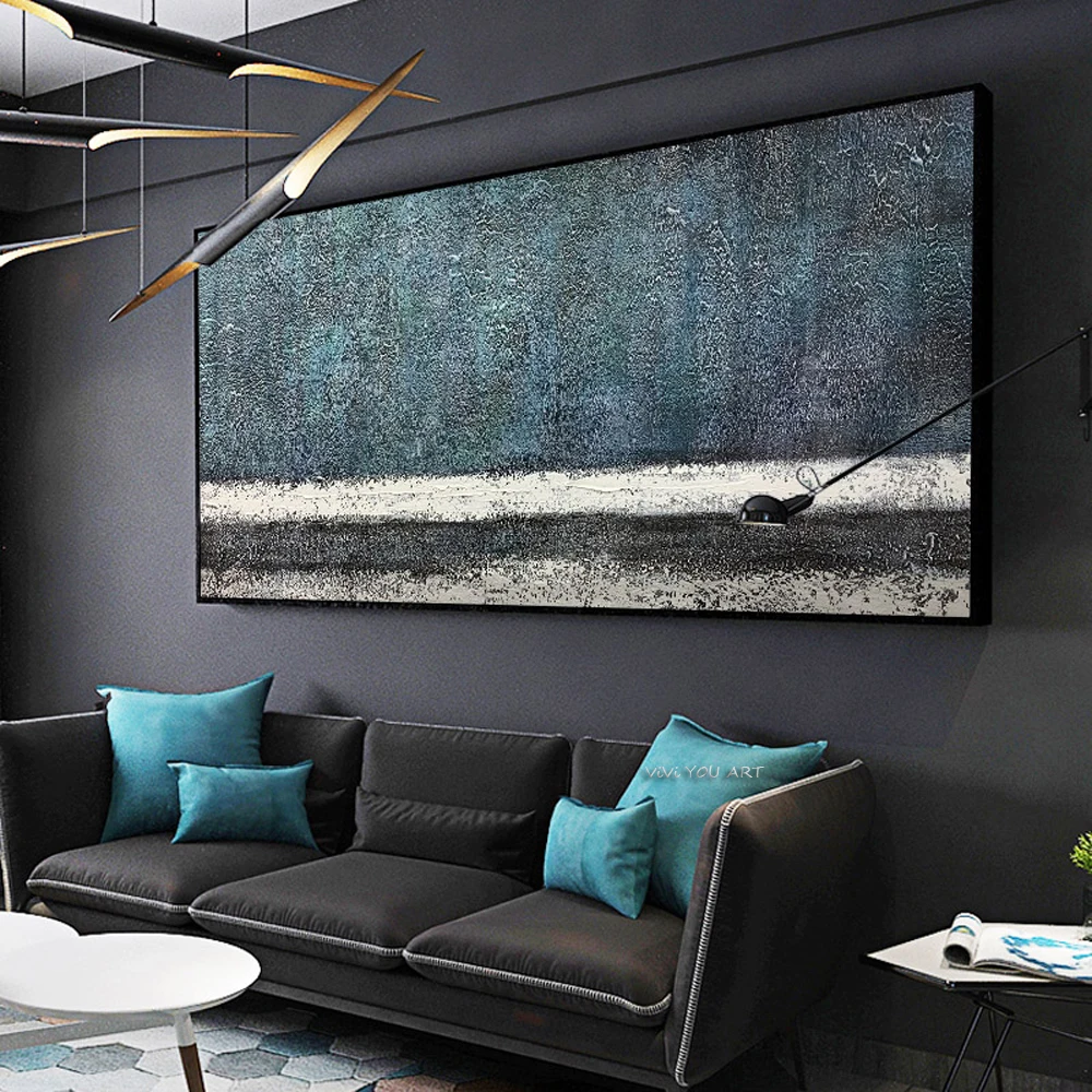 

Abstract Gold Foil Block Painting BlueModern Golden Wall Art Picture for Living Room Navy Decor Big Size Tableaux